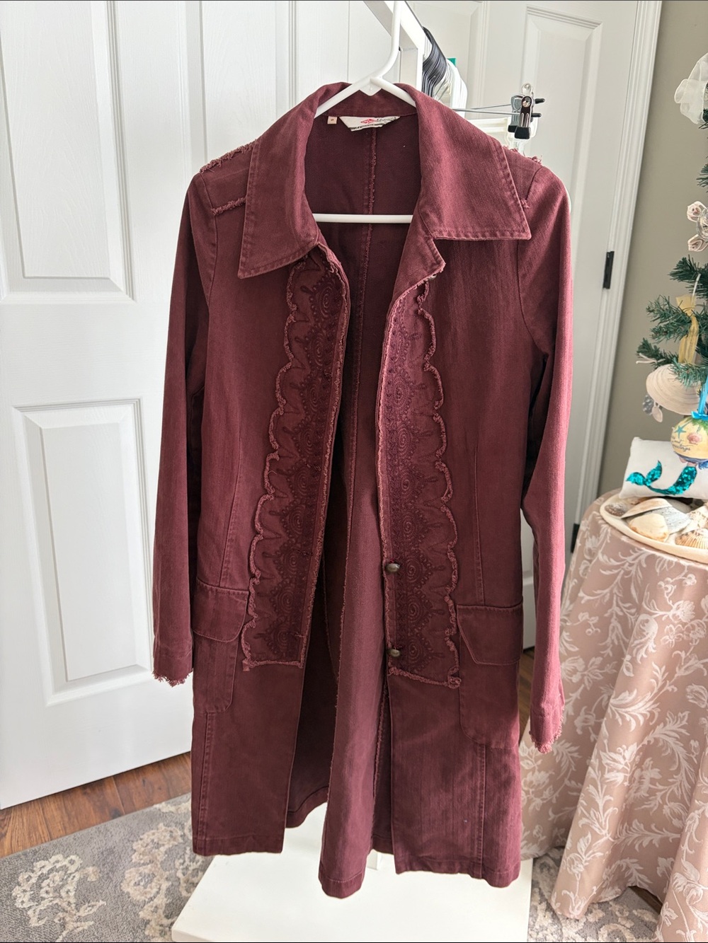 Vintage Lee Cooper Women's Long Burgundy Boho Jacket with Scalloped Trim